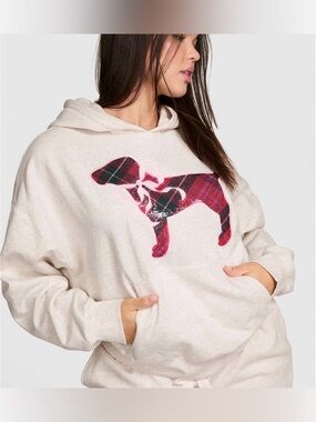 VS PINK X LOVE SHACK FANCY Holiday Plaid dog Pullover Sweatshirt Hoodie XL